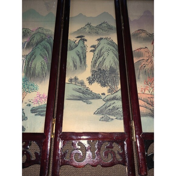 Hand Painted Dual Scene Mini Chinese  Four Panel Silk Screen 12H x 4W” X 4Panels - Picture 4 of 14